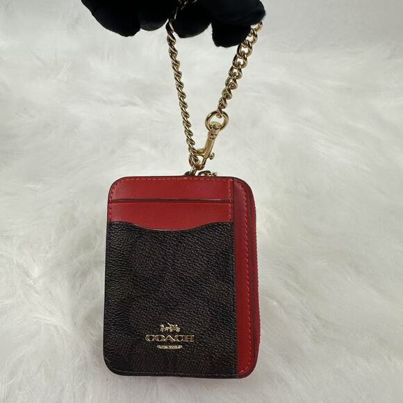 Coach Zip Card Case In Signature Canvas In Walnut Bold Red CW883 NWT - Picture 2 of 5